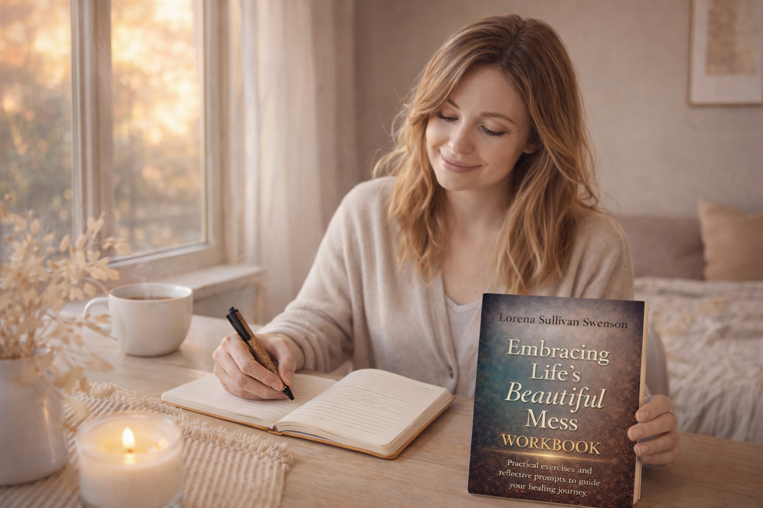 A woman with red hair sitting at a wooden table, writing in a notebook, holding a book titled 'Embracing Life's Beautiful Mess Workbook.' There is a lit candle, a cup of tea, and a vase with dried flowers on the table, with a window showing autumn scenery in the background.