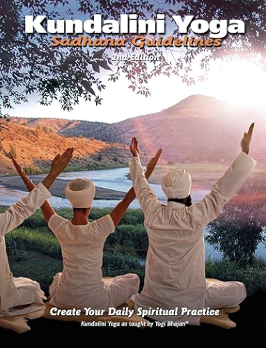 Three people in traditional Indian attire practicing Kundalini Yoga outdoors near a river, with mountains in the background and sunlight filtering through trees.