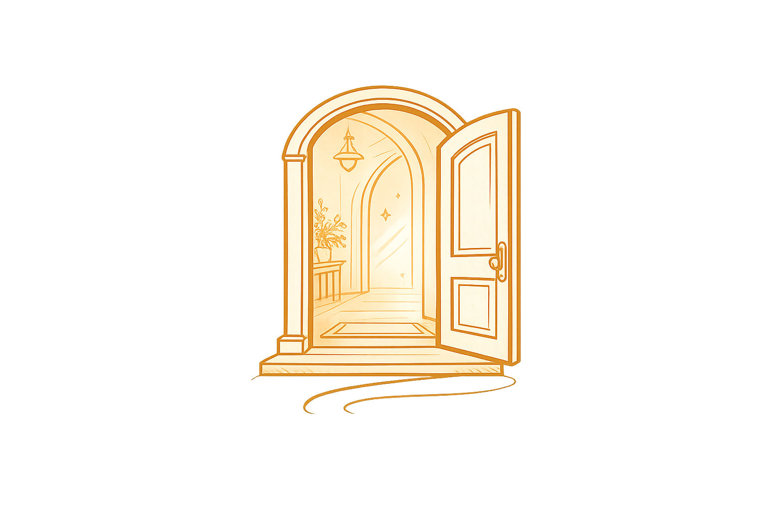 Open door revealing a cozy, well-lit room with a potted plant on a table and stars visible through a window.