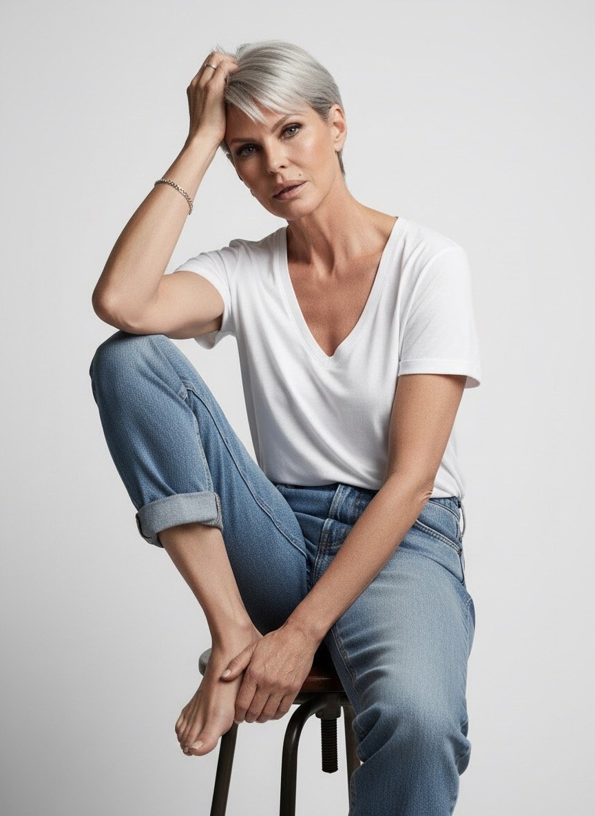 A woman with short gray hair seated on a stool, wearing a white V-neck T-shirt and blue jeans, with one leg crossed over the other and her hand resting on her head, against a plain light background.