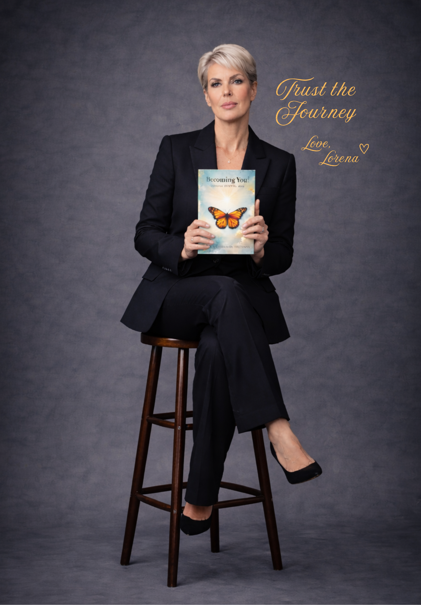A woman with short blonde hair in a black suit sitting on a wooden stool, holding a book titled "Becoming You!" with a butterfly on the cover. There is gold cursive text on the image that says "Trust the Journey" and "Love, Lorena" with a small heart.
