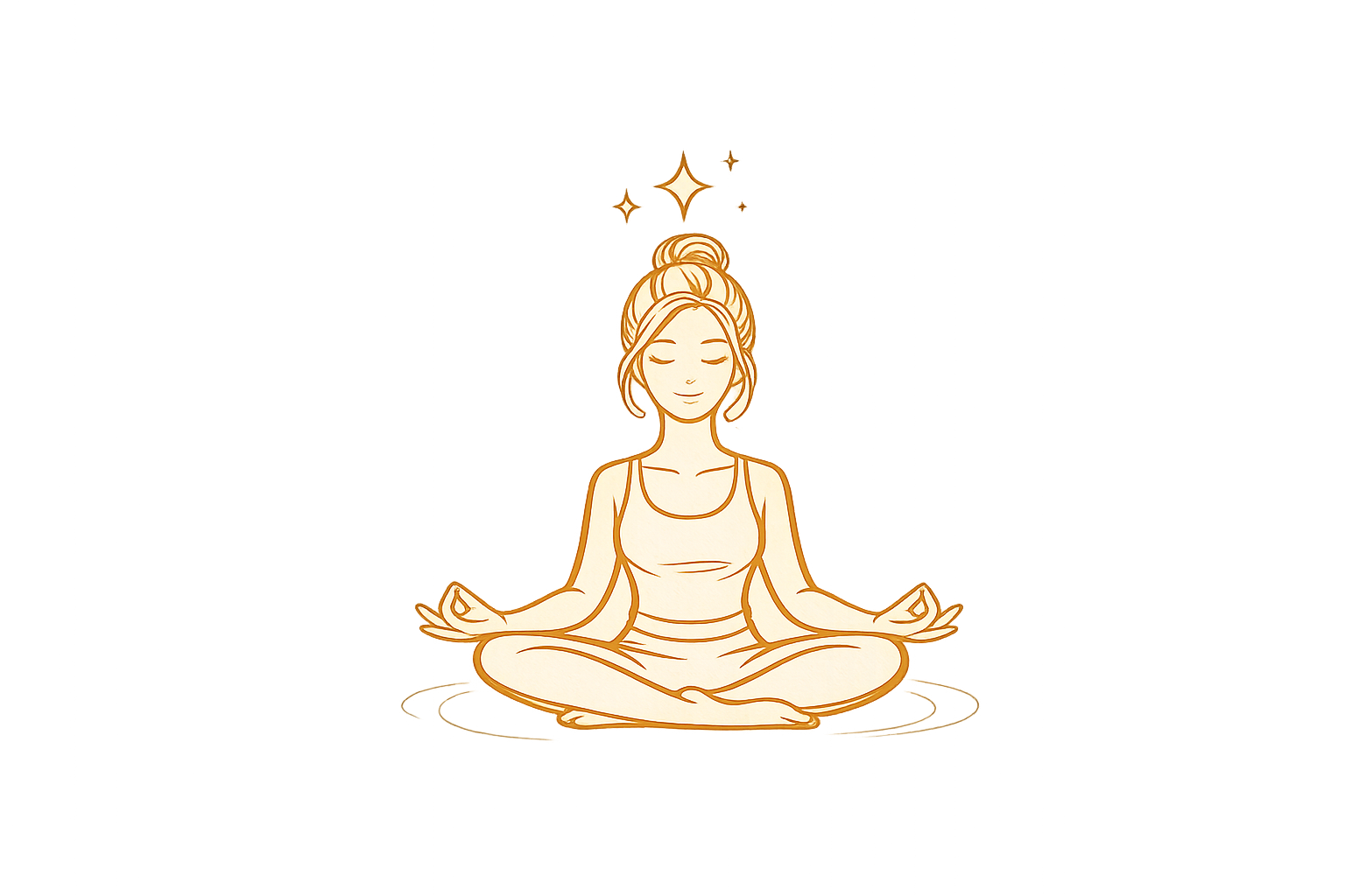 A cartoon illustration of a woman meditating in a seated yoga pose, with her eyes closed and a peaceful expression, sitting cross-legged on the floor with her hands resting on her knees, palms facing up in a lotus position, with a glowing effect and sparkling stars above her head.