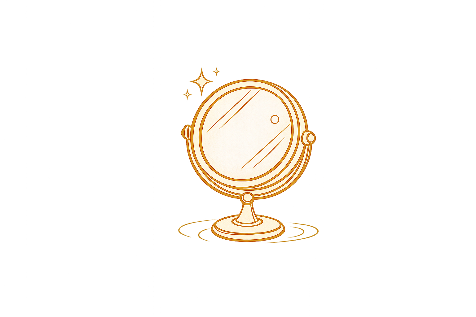 A vintage tabletop mirror with a round reflective surface, mounted on a stand with a circular base, illuminated with warm lighting.