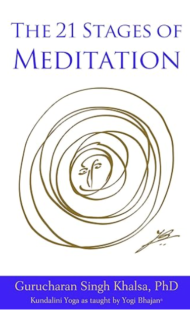 Book cover titled "The 21 Stages of Meditation" by Gurucaharan Singh Khalsa, PhD, with a simple line drawing of a face surrounded by concentric circles.