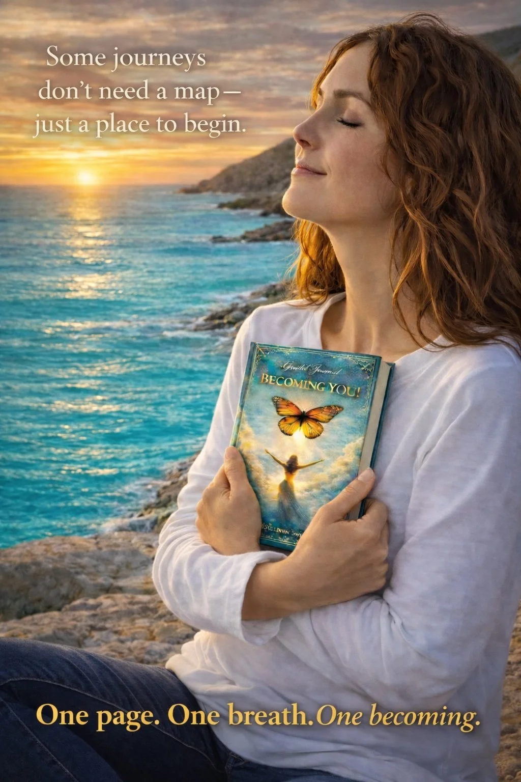 A woman with red curly hair sitting by the ocean during sunset, holding a book titled "Becoming You" with a butterfly on the cover, eyes closed, appearing peaceful and reflective.