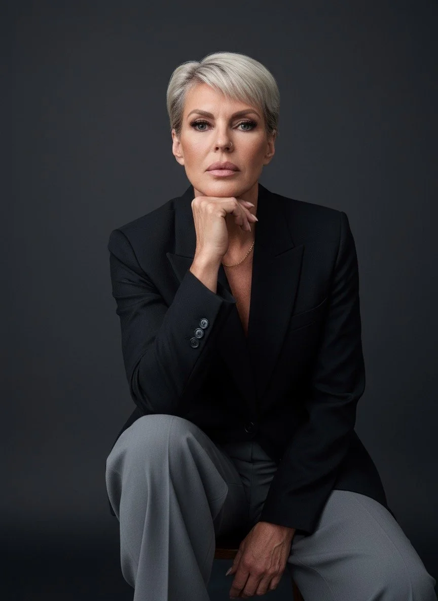 A woman with short blonde hair and light skin, dressed in a black blazer and gray pants, sitting against a dark background, resting her chin on her hand and looking serious.