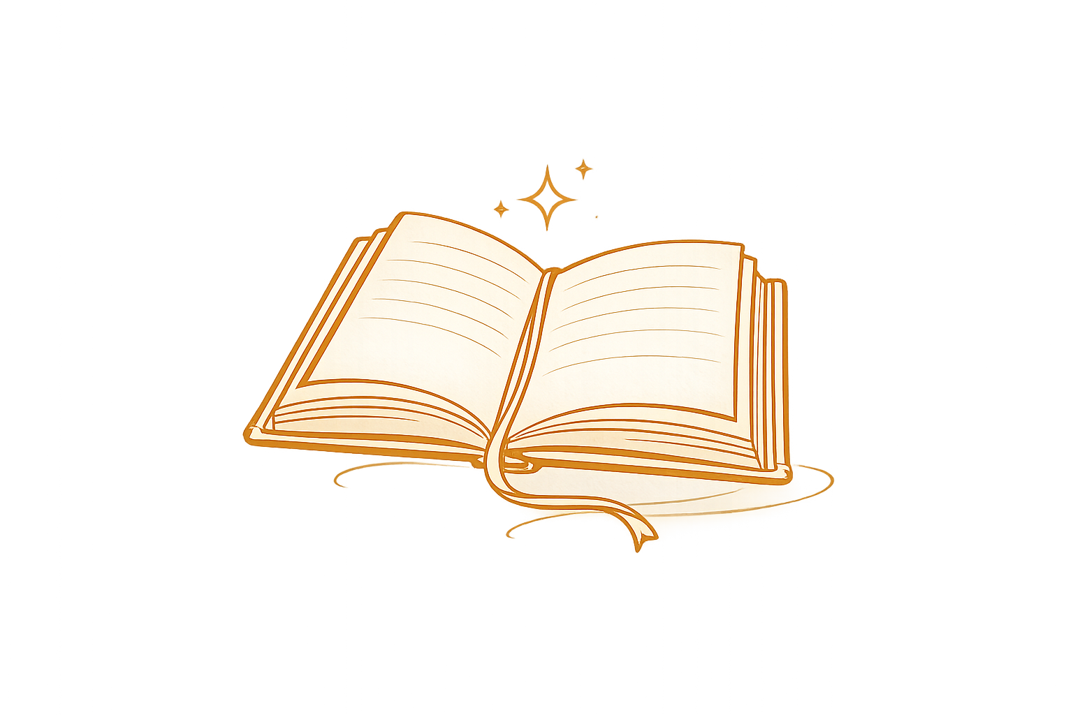 An illustrated open book with glowing pages and a bookmark, surrounded by sparkles, on a pedestal.