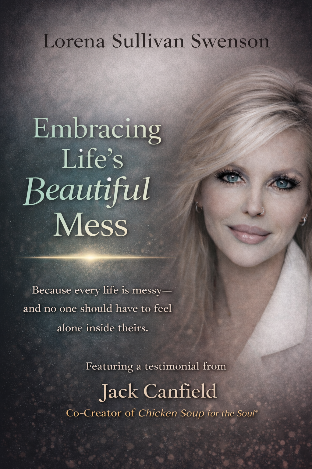 Book cover titled 'Embracing Life's Beautiful Mess' by Lorena Sullivan Swenson, featuring a woman with blonde hair and blue eyes, smiling softly against a dark, starry background.