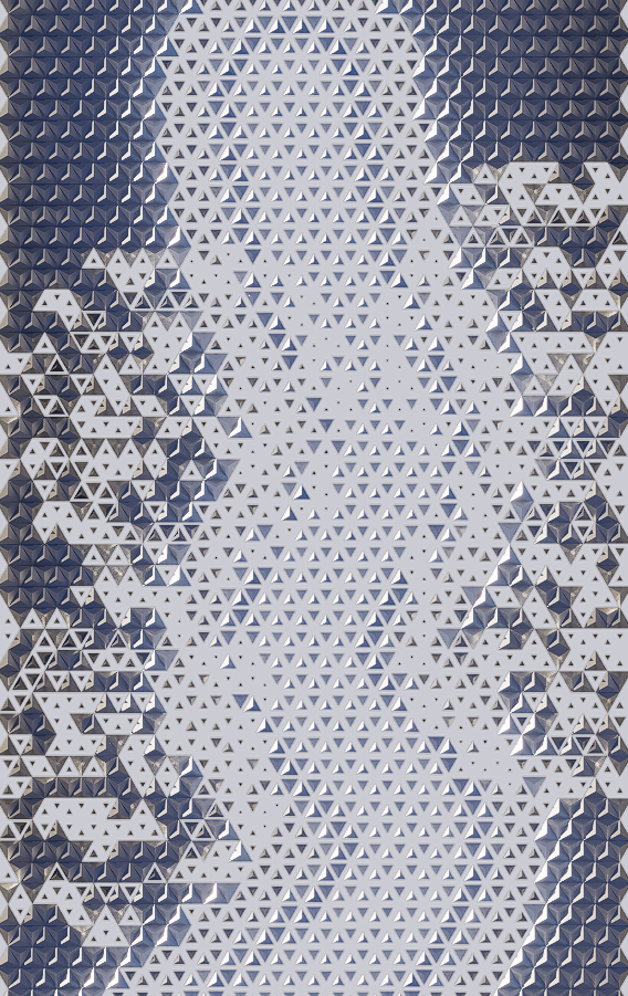 Abstract mosaic of a woman's face created with small triangular tiles, primarily in shades of gray and white.