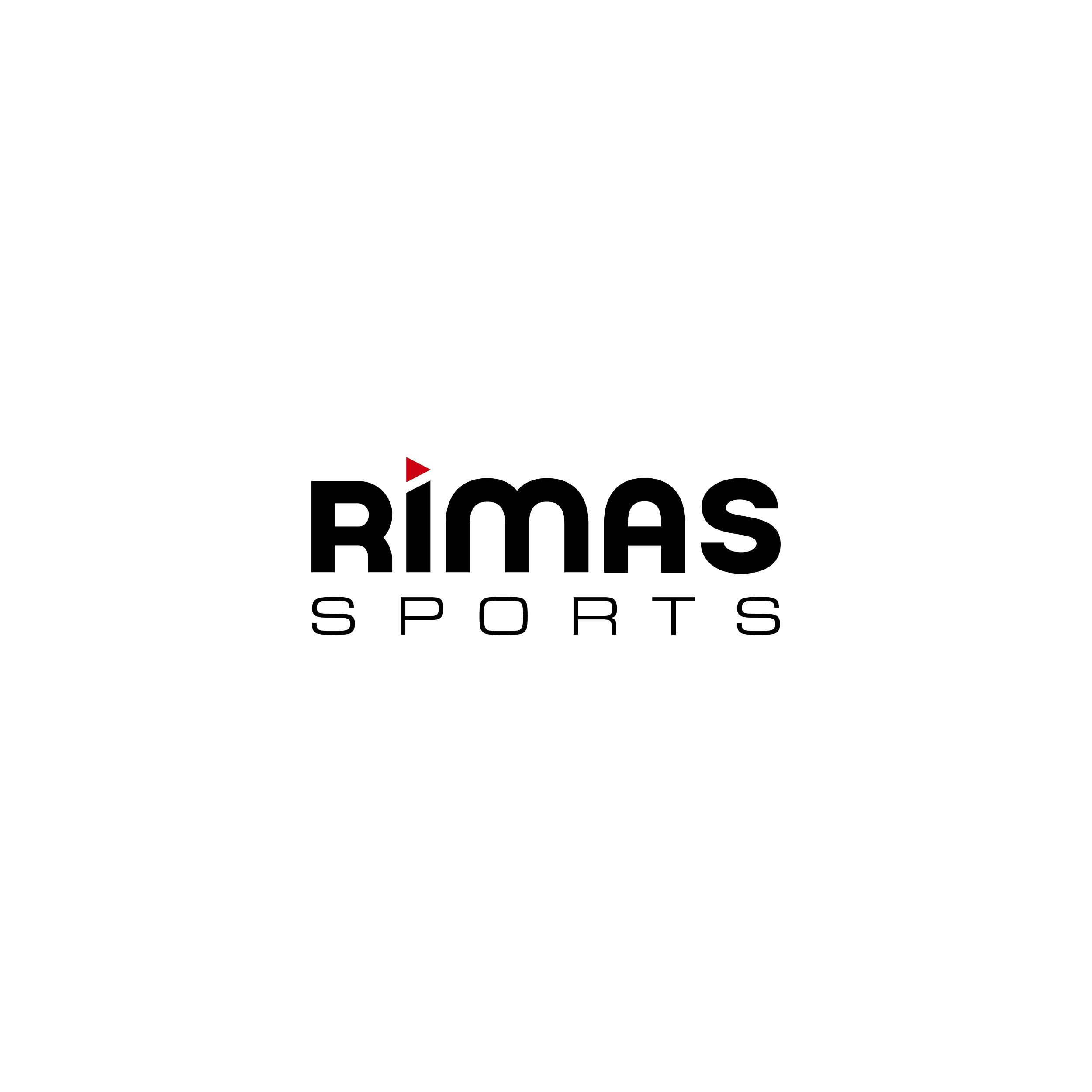 Rimas Sports logo in white text on a black background with a play button icon.