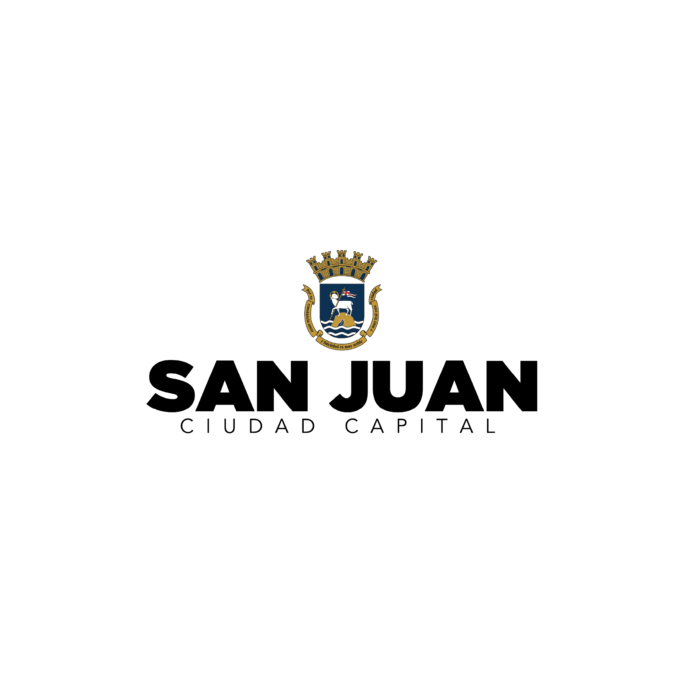 The emblem of San Juan, Puerto Rico, with a shield featuring a white horse with a rider holding a flag, topped with a gold crown, and the words "San Juan Ciudad Capital" underneath.