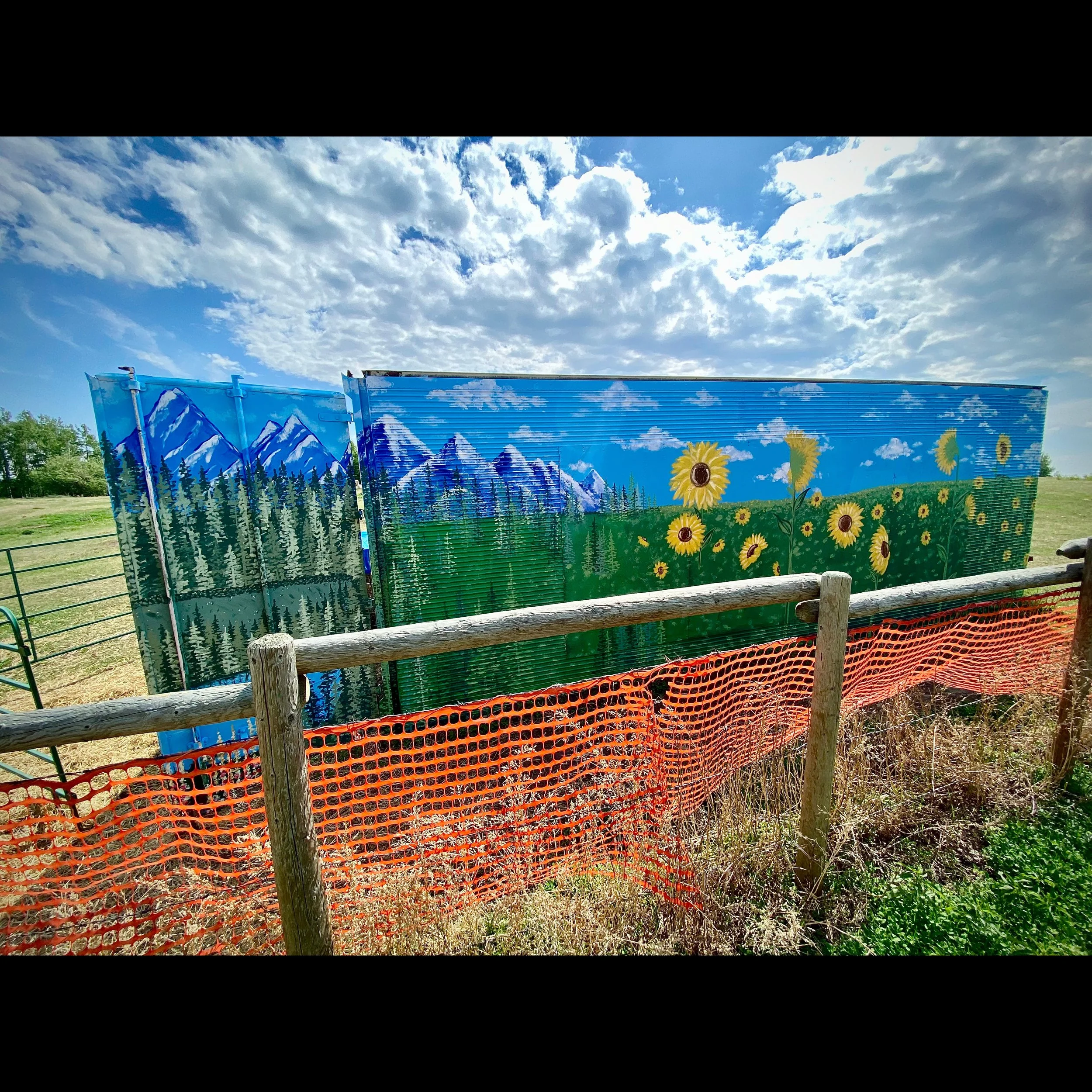 Custom painted shipping container mural located in Onoway at QWRC featuring a Colorful outdoor mural of mountains, trees, sunflowers, and clouds under a blue sky. Shipping container mural painted by Edmonton, AB artist Carly Marie Murals
