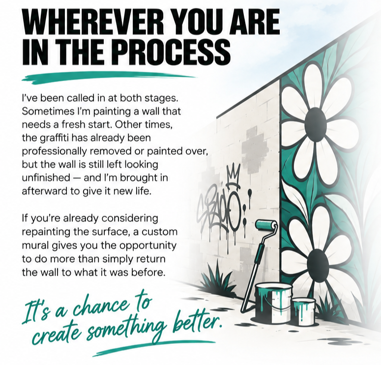 Graffiti solutions illustration showing a tagged and patched wall transitioning into a colourful floral mural, demonstrating how Carly Marie Murals can transform walls before and after graffiti removal