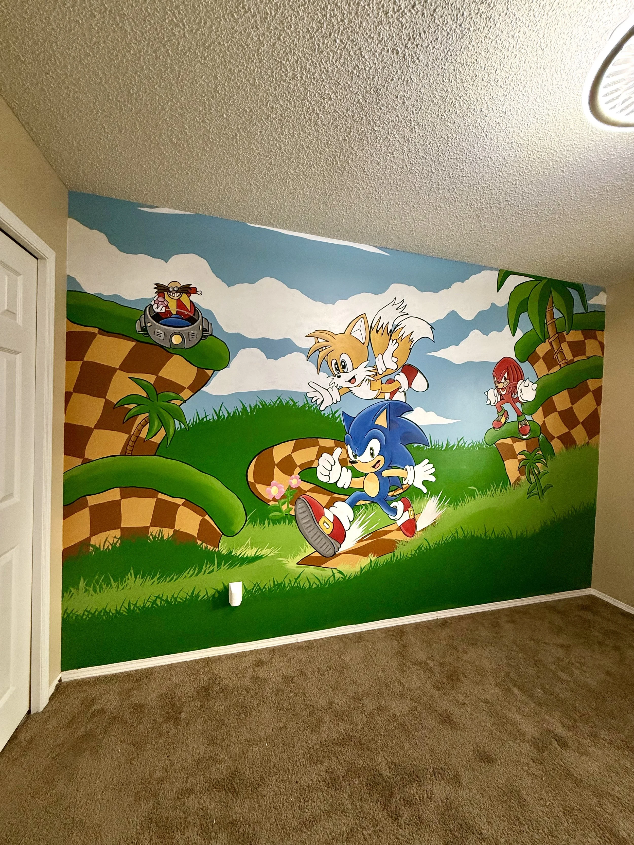 Colorful kids childrens wall mural featuring Sonic the Hedgehog, Tails, Knuckles, and Dr. Robotnik in a cartoon landscape with hills, clouds, and palm trees. Mural painted by Edmonton, AB artist Carly Marie Murals