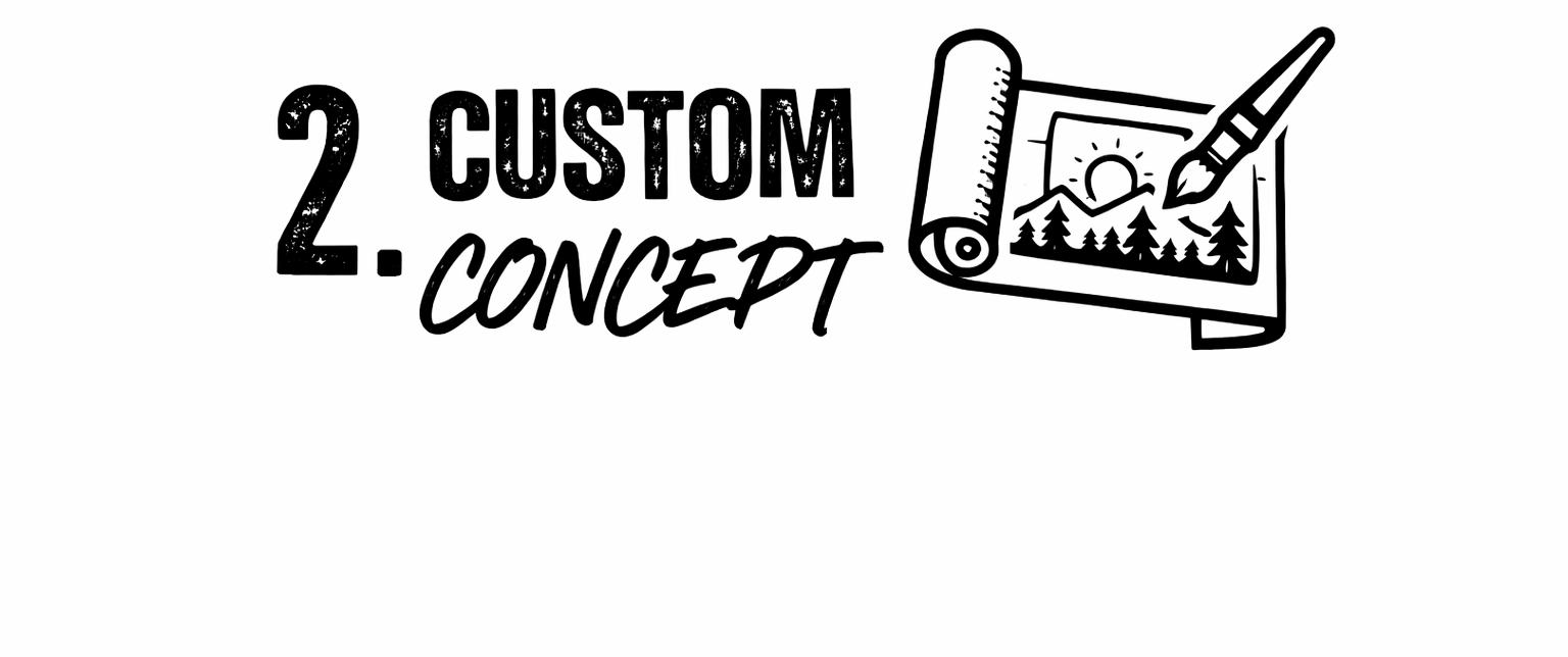 Text reading '2. Custom Concept' with a drawing of a landscape on a scroll and a paintbrush.