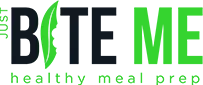 Green and black abstract lettering "Just Bite Me" healthy meal prep company.