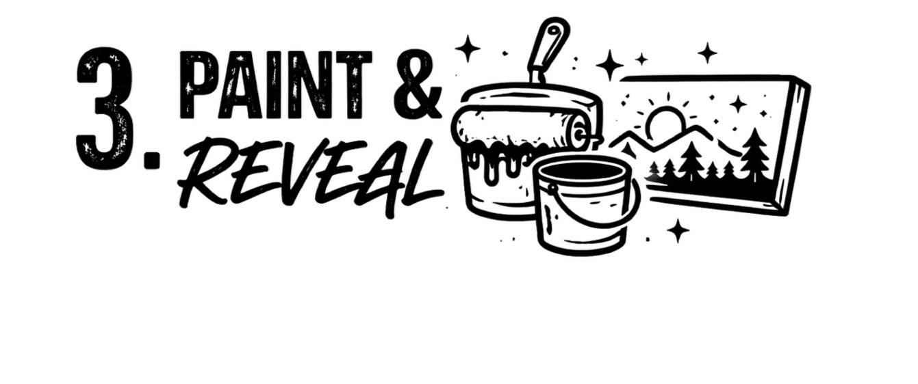 Step 3: Paint and Reveal. Illustration of a paint can with a roller, a paint bucket, and a landscape painting of mountains, trees, and a setting sun with stars around.