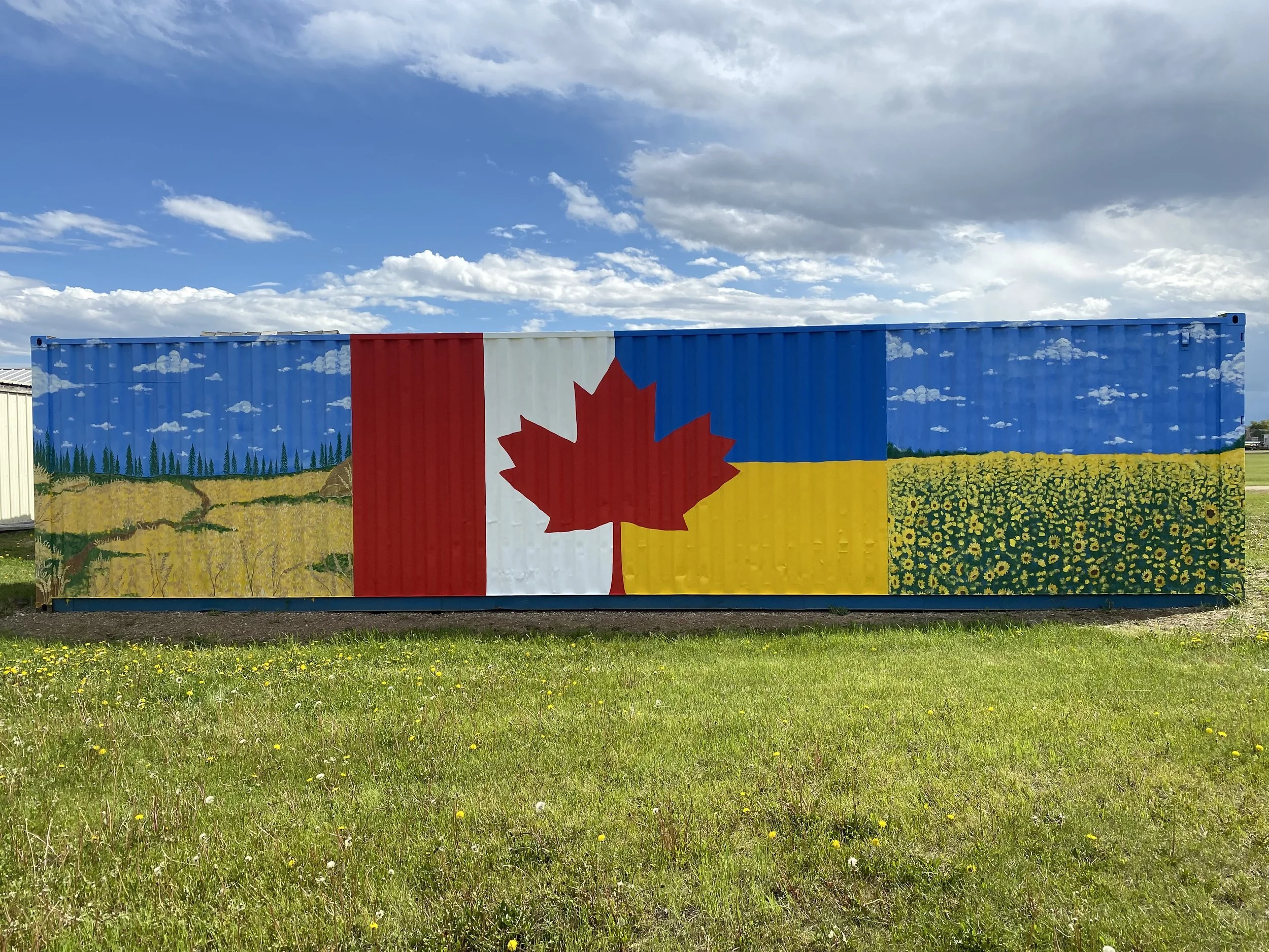 Hand painted mural on shipping container feature Canada Ukraine flag in the centre and field of sunflowers on one side with blue skies and field of wheat with blue skies on other side