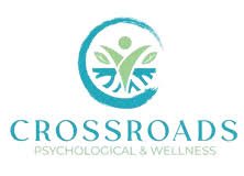 Crossroads Psychological & Wellness logo featuring a stylized human figure surrounded by a circular design in blue and green.