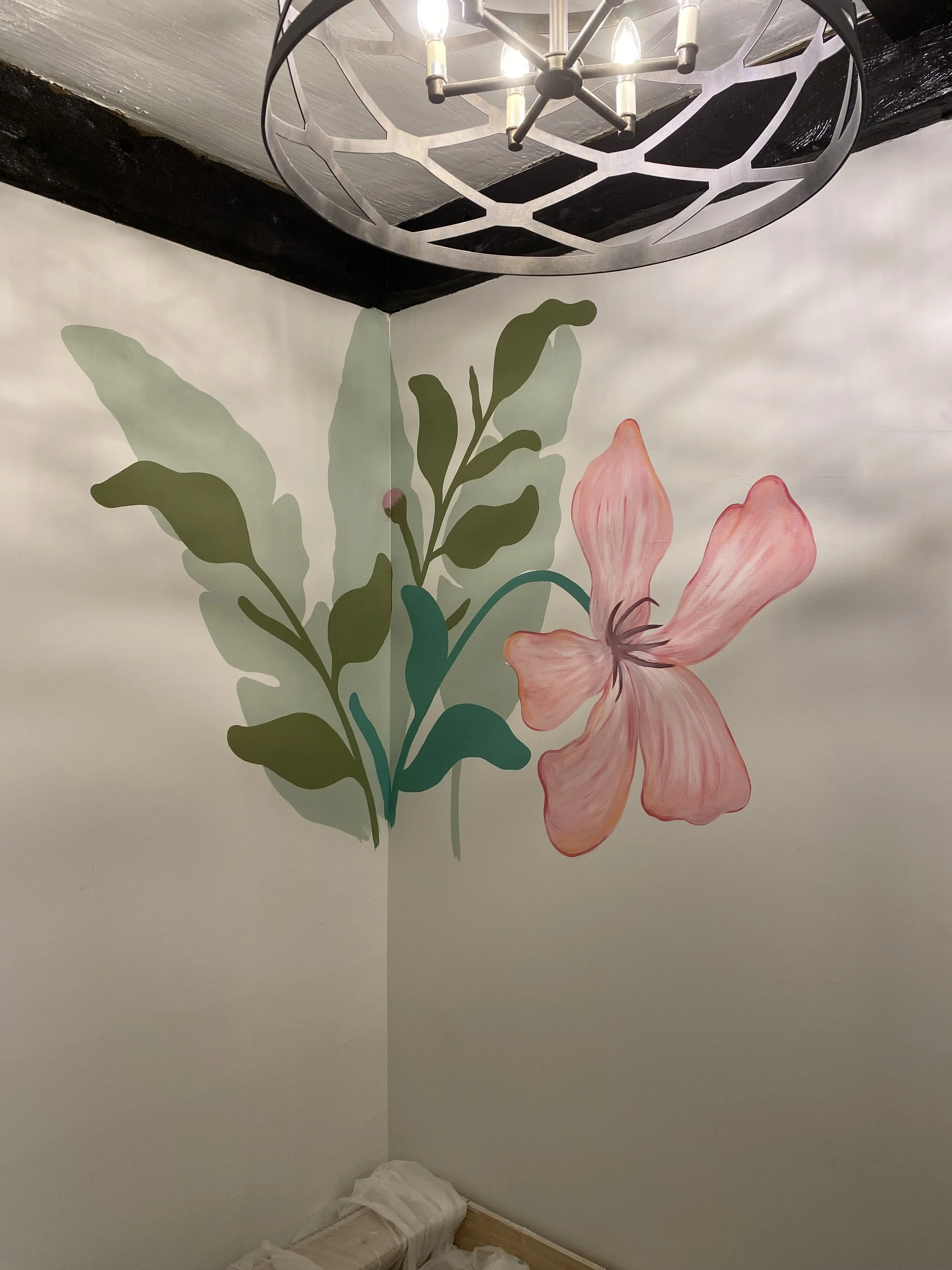 Hand painted flowers for behind booth located at Sushi Toshiba South Edmonton private room