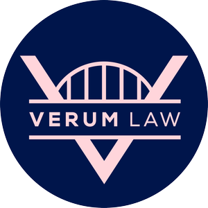 Logo for Verum Law featuring a stylized bridge design in pink on a dark blue background with the company name.