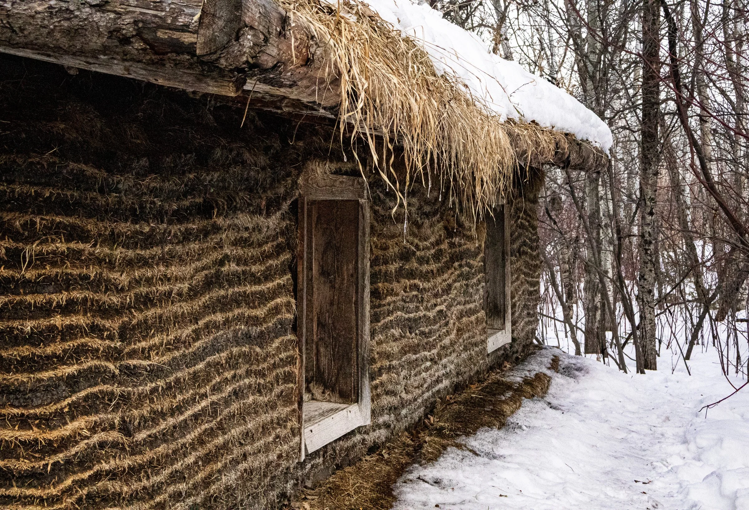 A rustic wooden cabin with snow on the roof, situated in a snow-covered forest.