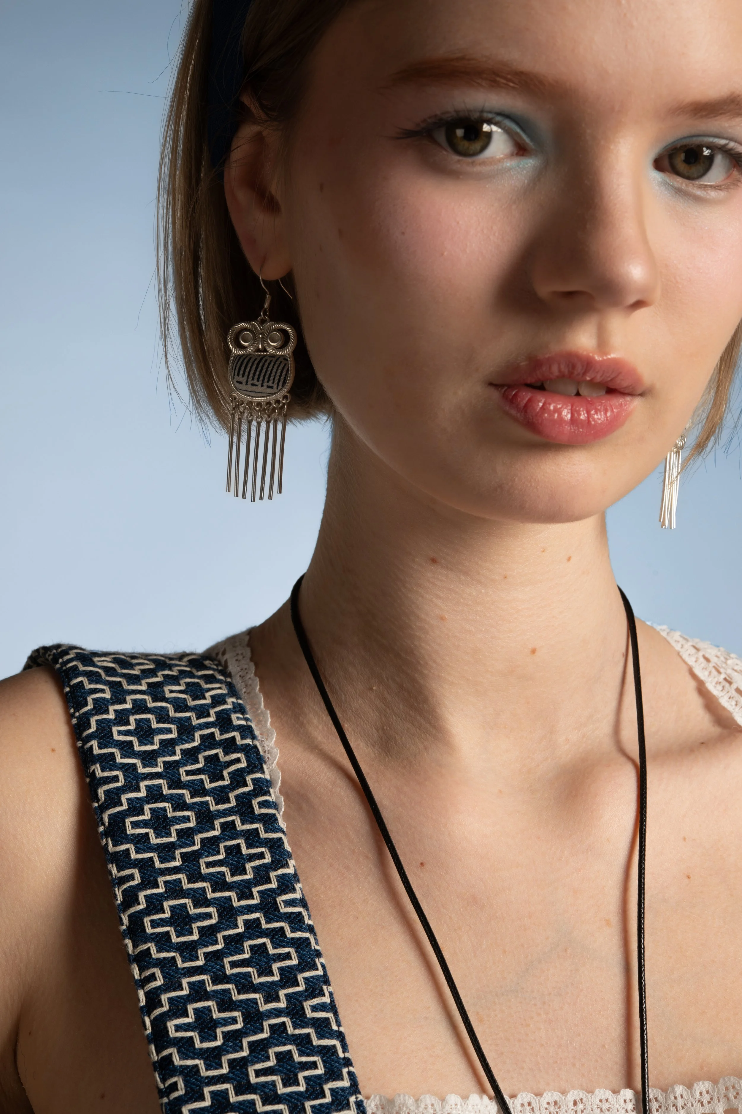 Indigo Owl Motif Tassel Earring