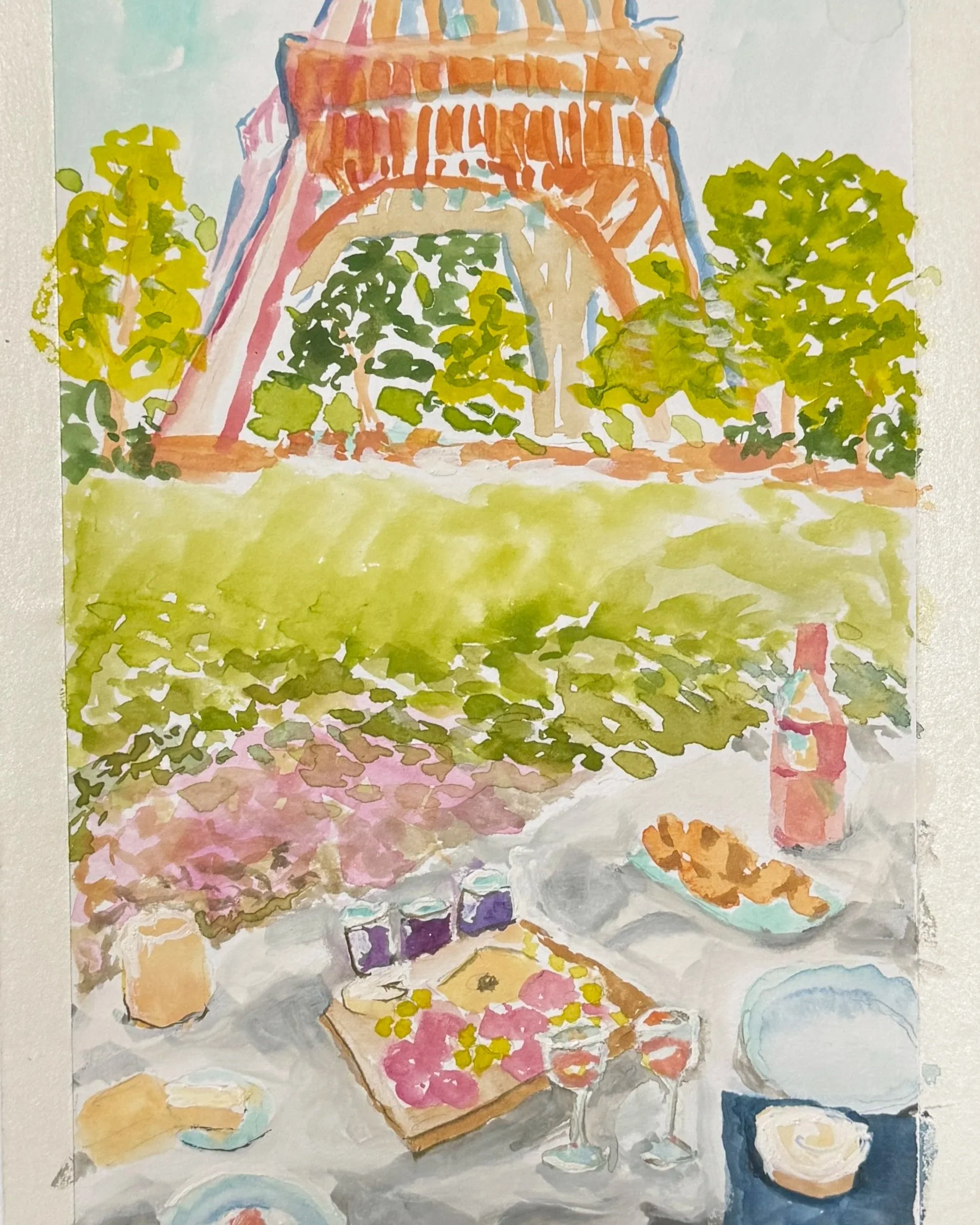 Happy Beginnings (2026), taped to the surface. Watercolors and white gouache on half of an 11x14” sheet of 100lb mixed media paper.
