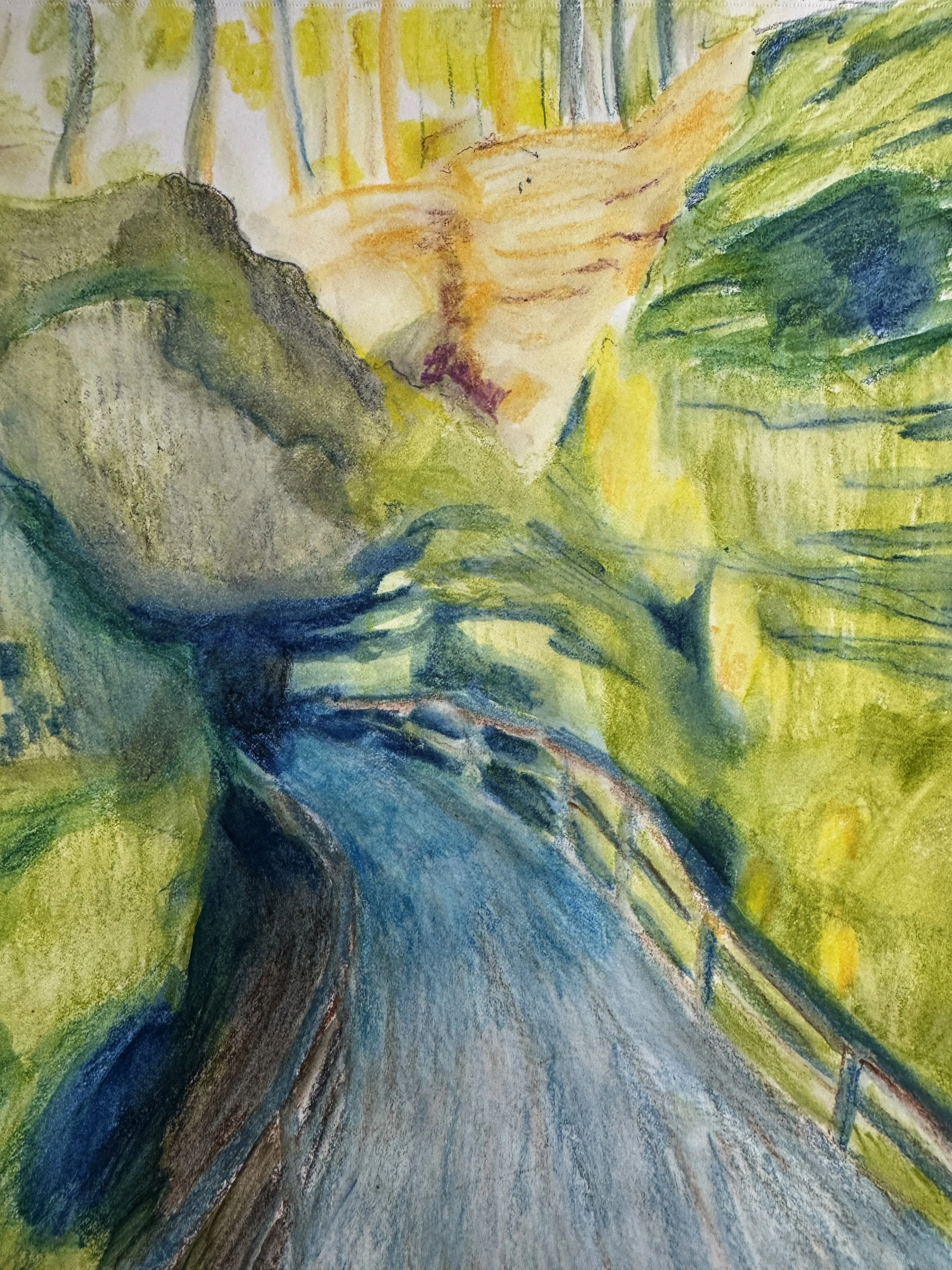 Portal at the Dells, sketchbook study (2026). Watercolor and neopastels.