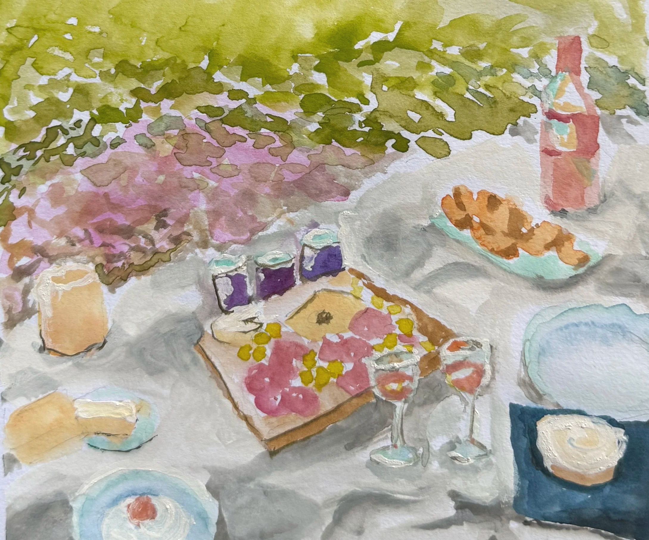 Happy Beginnings, detail (2026). Watercolor and white gouache on half of an 11x14” 100lb sheet of mixed media paper.