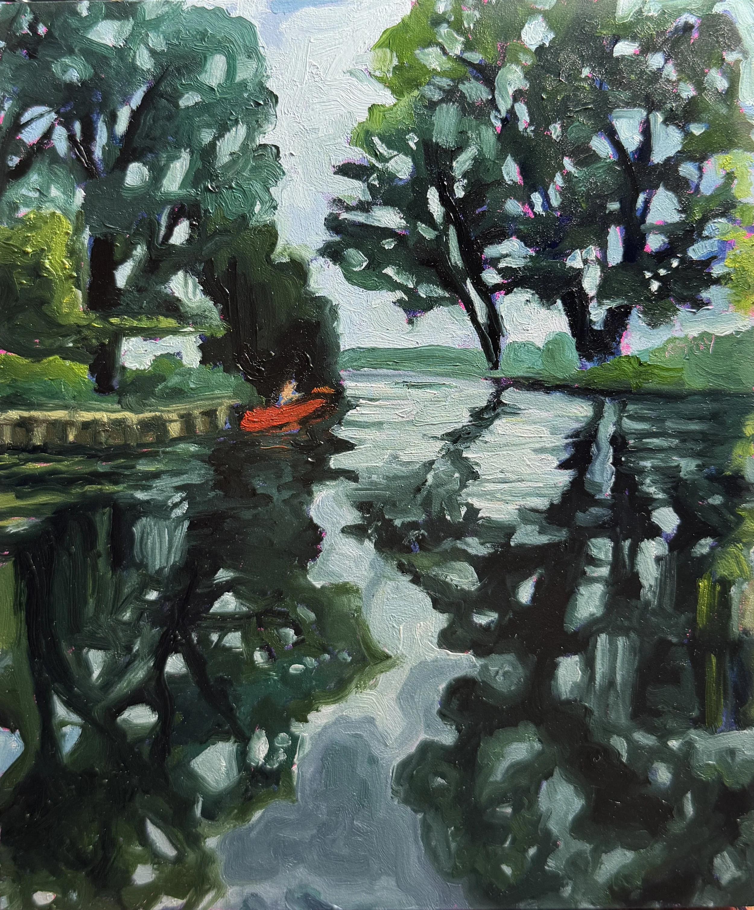 This oil painting depicts a bright orange kayak in the mid ground, surrounded by the reflections of the trees and shadows on the water. The paint is thick and textured, done in an impressionist style.