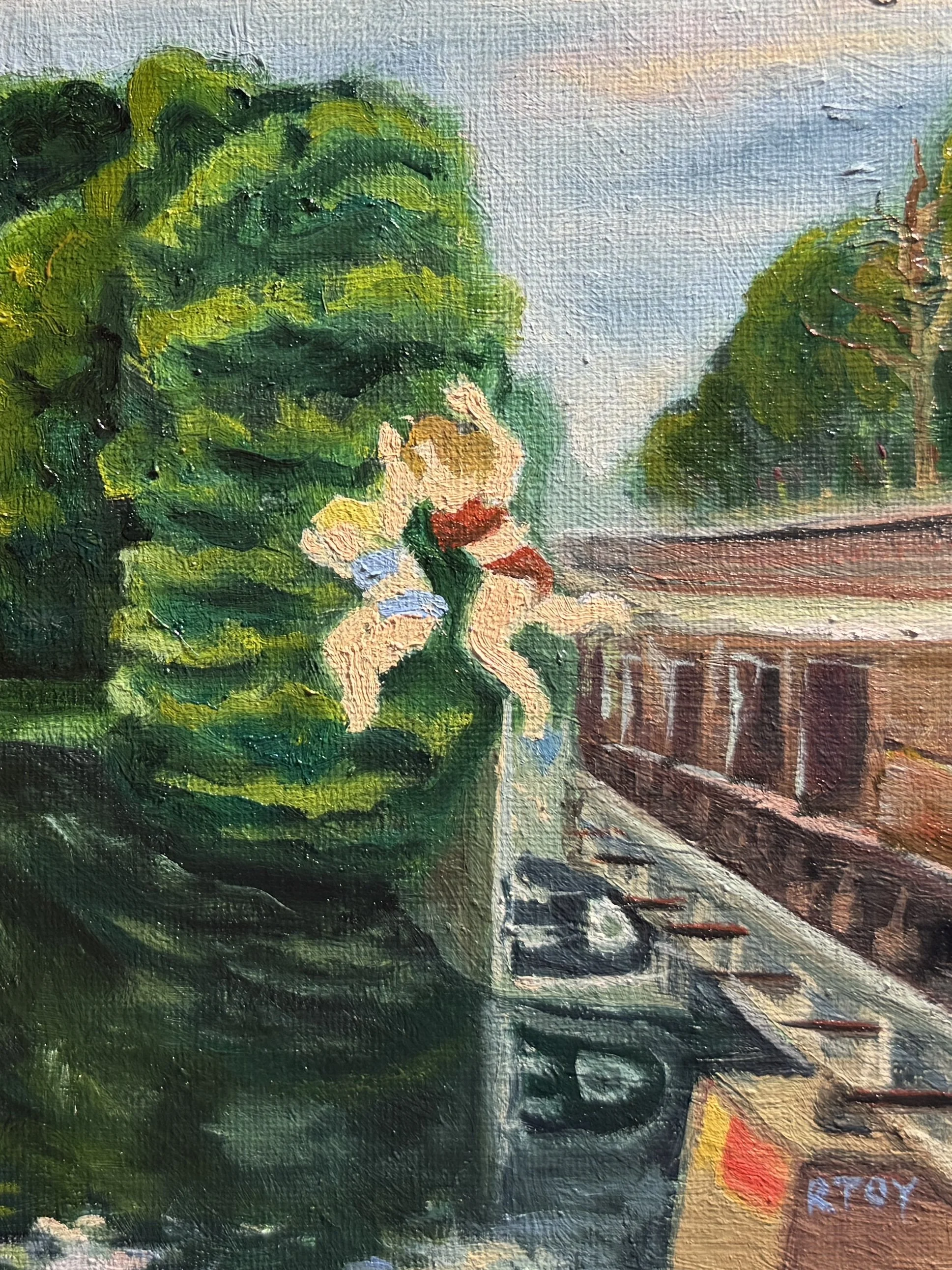 Impressionist oil painting of two friends jumping off a train bridge into a lake. There is graffiti under the bridge and trees all around. The figures are painted with thick strokes of paint giving visible texture