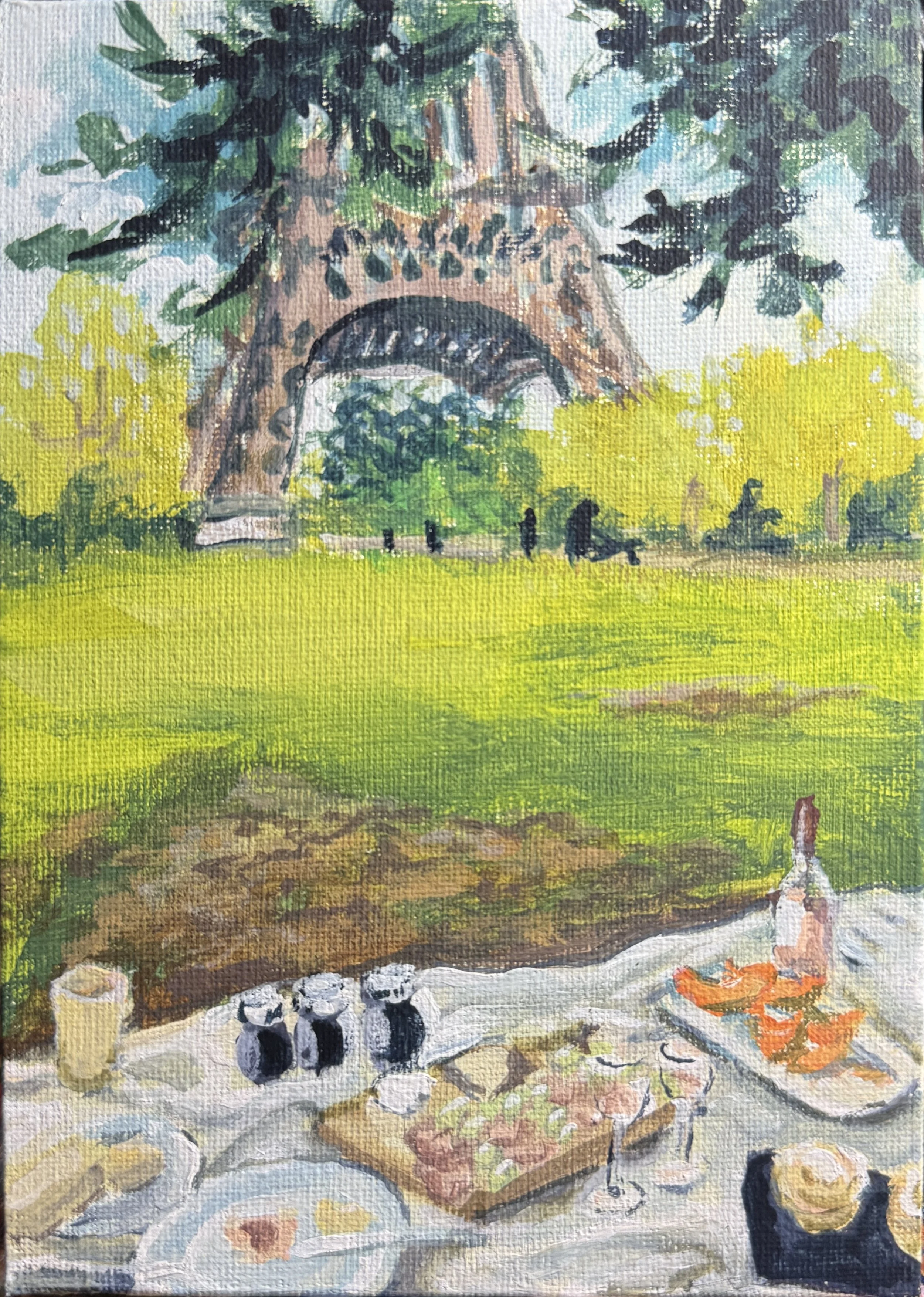 A gouache painting of a picnic in front of the Eiffel Tower.  Tree branches obscure the view of the top of the tower, and there are a few people by the base. A white picnic blanket backgrounds an engagement feast: wine, charcuterie, pastries, etc.