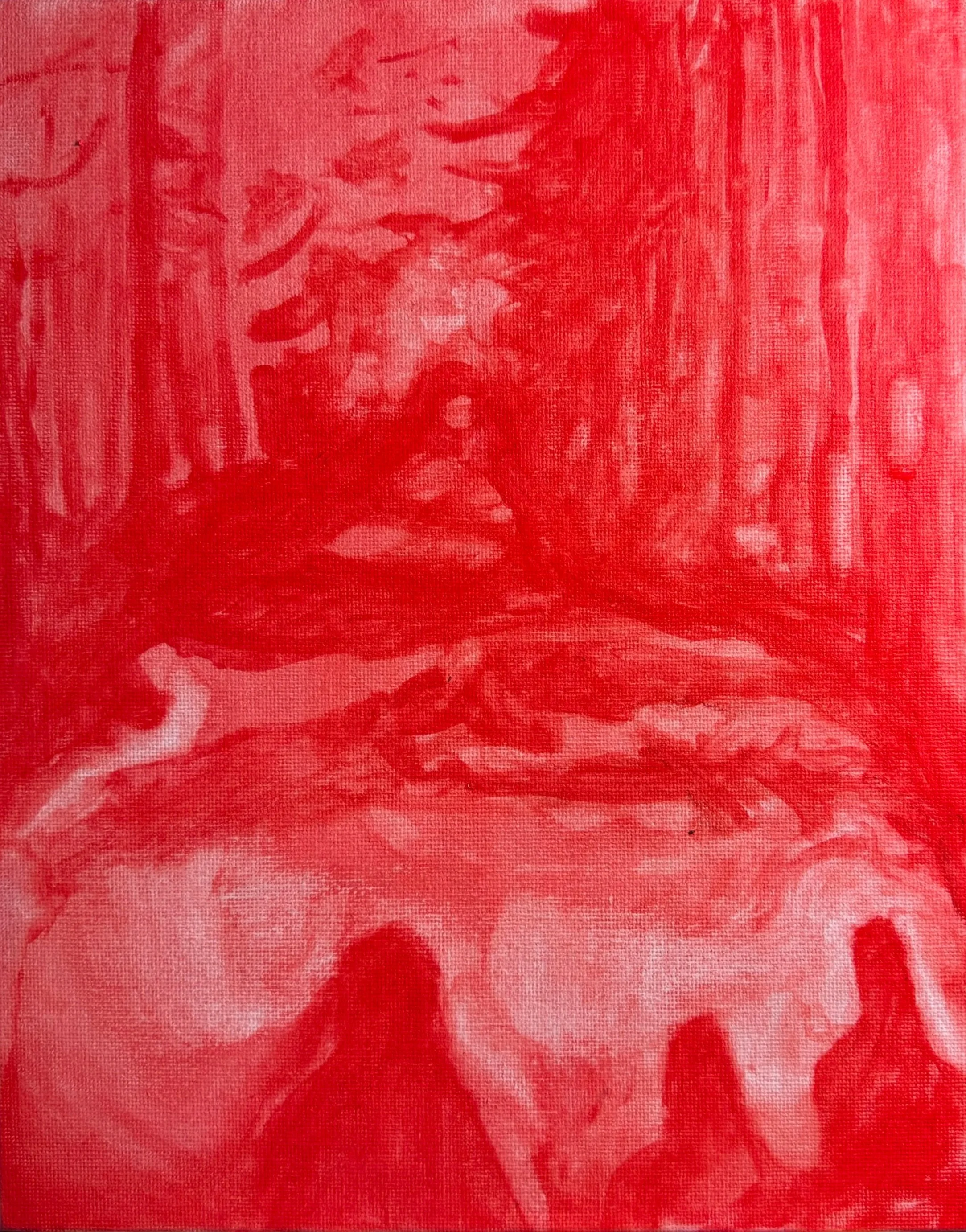 A gouache underpainting using bright red to block in the shapes of the shadows of both people and trees. The three figures' shadows show half of their bodies, cut off by the bottom of the canvas. There is a clear path with a tunnel in the distance