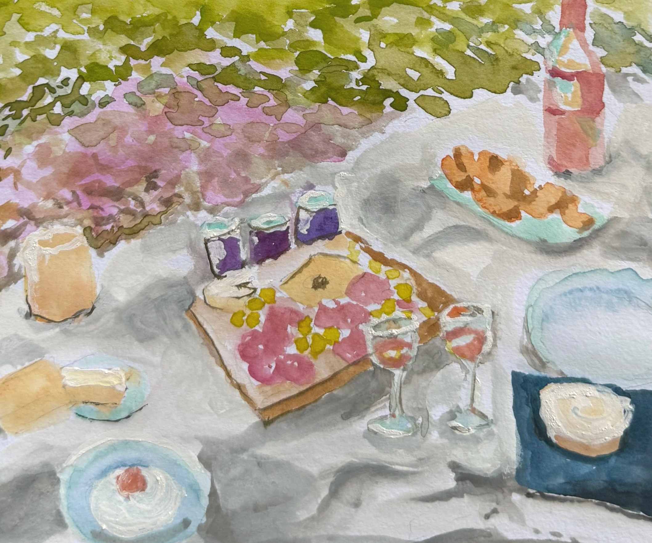 Close up of a watercolor painting of a picnic, inspired by impressionist styles. There is a charcuterie board, melon, delicious pastries, a candle, jam, and wine. Mostly pink, green, and white with cool accents.