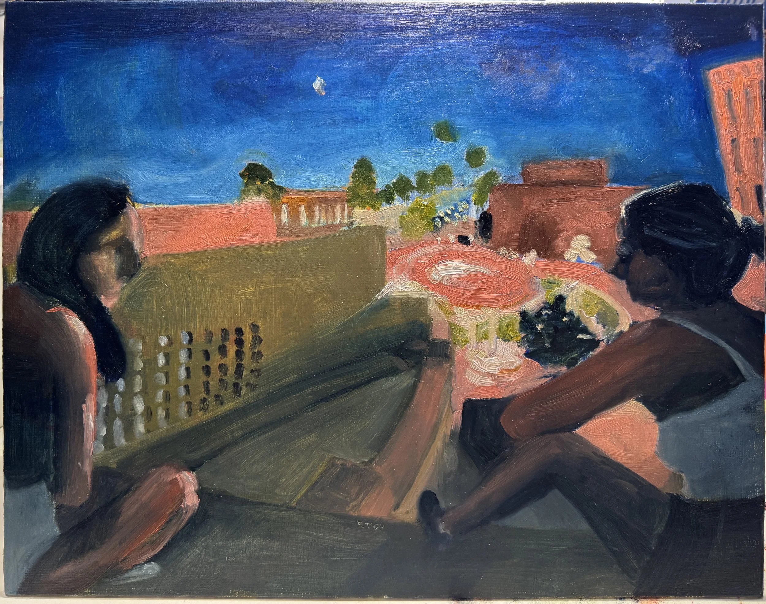 Work in progress shot of an oil painting. The sky is dusk blue, and the structures are deep yellow/green and salmon. In the foreground sits two figures. Painted in an impressionist and expressionist style