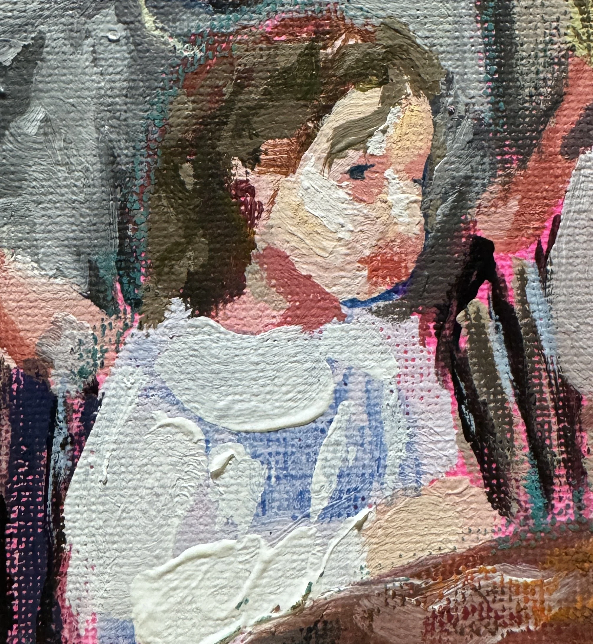 Detail image of a mostly acrylic painting, it depicts a young child with long brown hair in a white dress with a big collar. The strokes are messily deliberate, with only one making up each half of the collar. Folded hands rest over a brown table