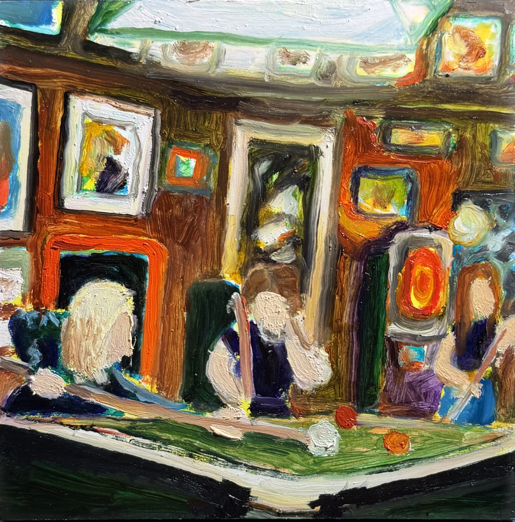 Bright and rich expressionist style painting depicting three friends playing pool in a bar. The blonde on the left is about to shoot the cue ball. There are many frames on the walls and a dart machine in the background, with a large overhead light