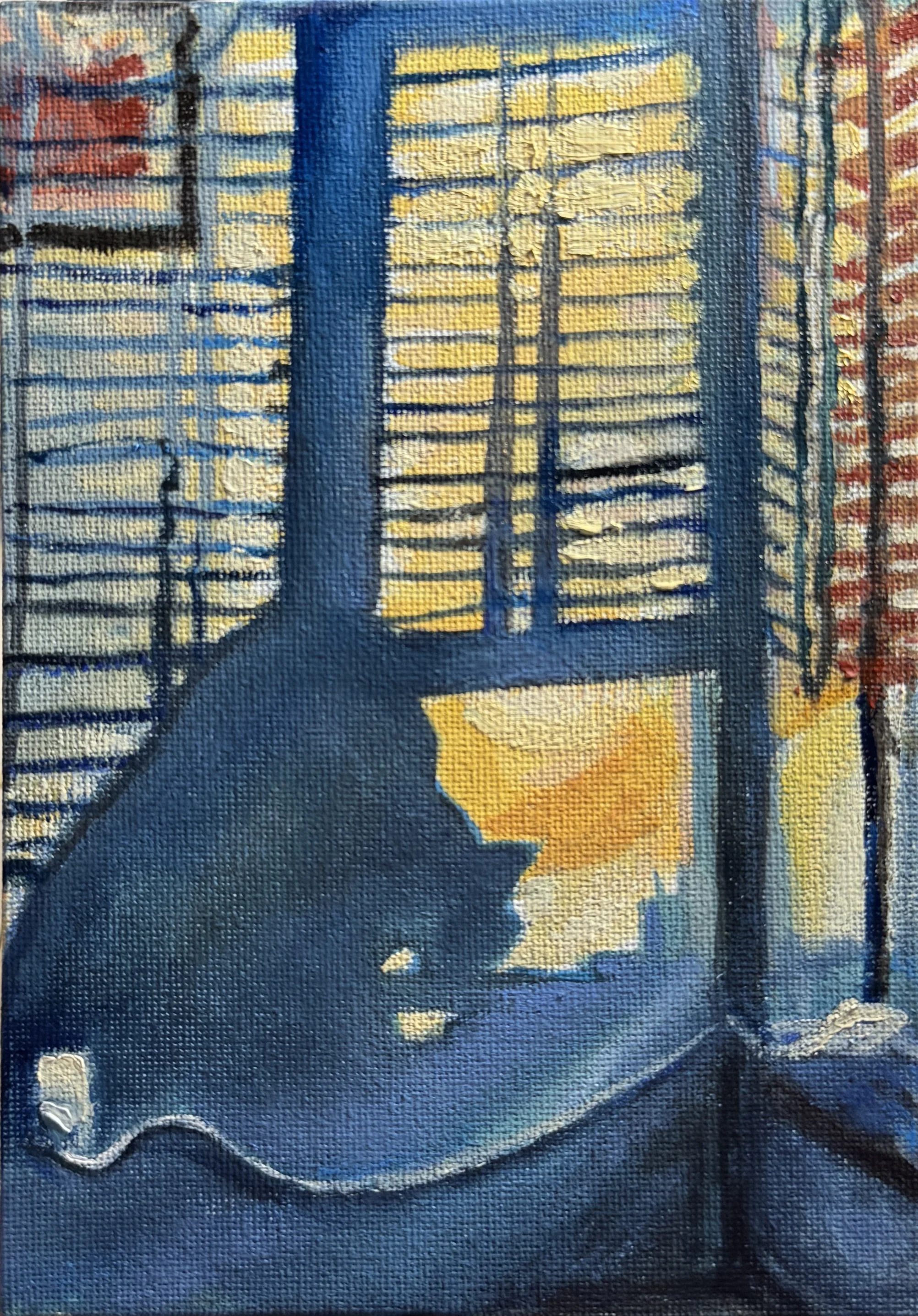 Blue and yellow painting of the shadow of a person scrolling on their phone. The figure is surrounded by blinds, and there is the shadow of a drink cup. In the foreground is a white extension cord plugged into a wall socket in the figure's shadow.