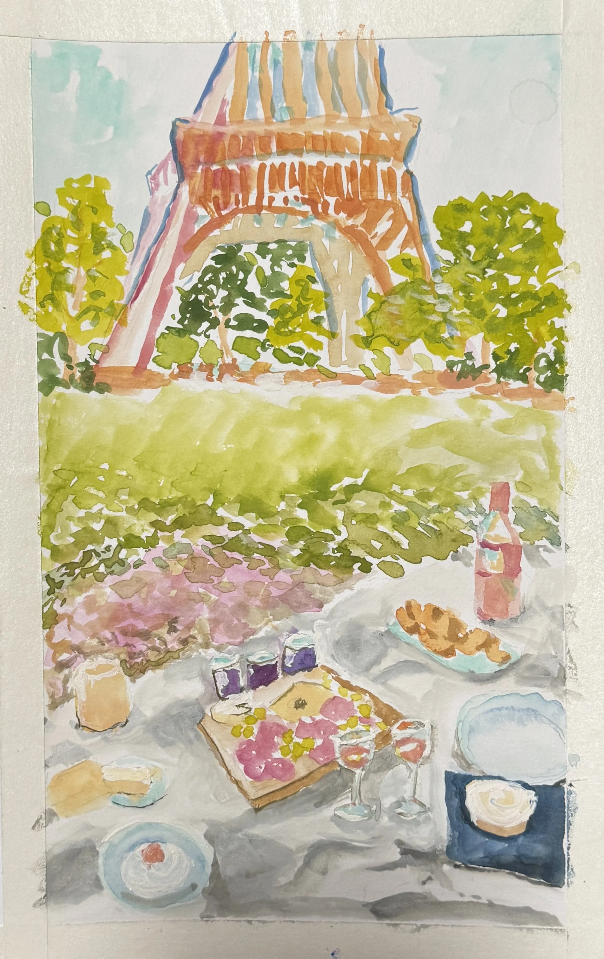 A brightly-colored watercolor painting of a picnic 50 yards from the base of the Eiffel Tower. Impressionist and expressionist inspiration is seen in the color choices and short brush strokes. The picnic is full and untouched, wine glasses are poured