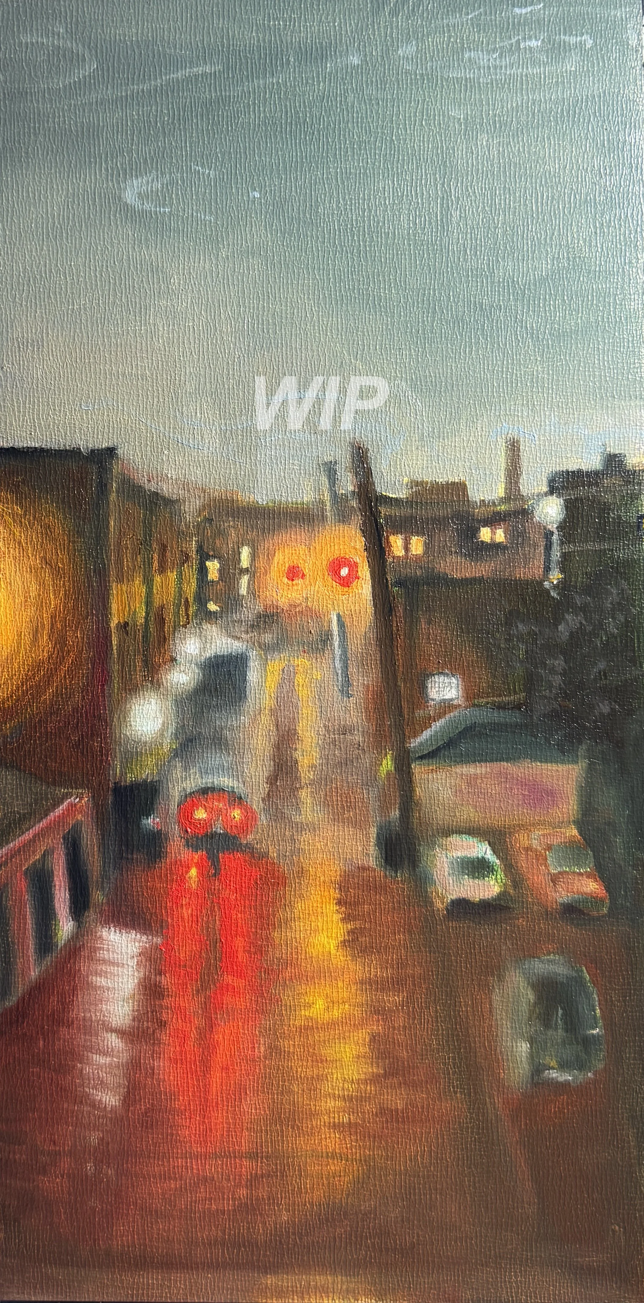 Work in progress, 2026. Oil on 12x6” gessoboard.