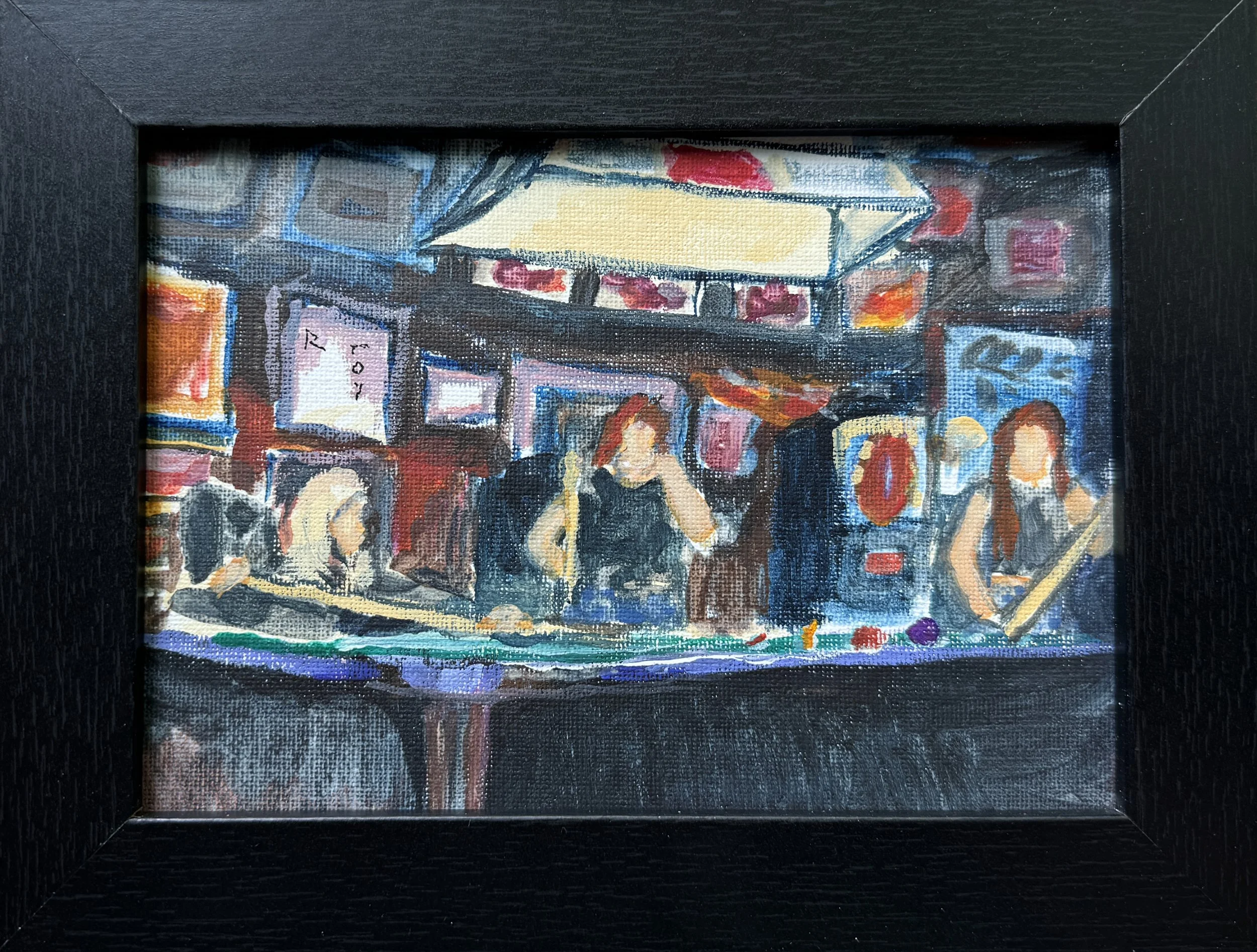 Dogs Playing Pool - study (2025). Gouache on 5x7” canvas panel sealed with cold wax medium.
