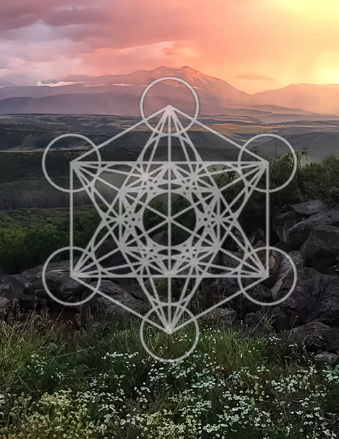 A sacred geometric pattern of Metatron's Cube overlaying a scenic landscape featuring mountains, a sunset sky, and rocky terrain with greenery and small white flowers.