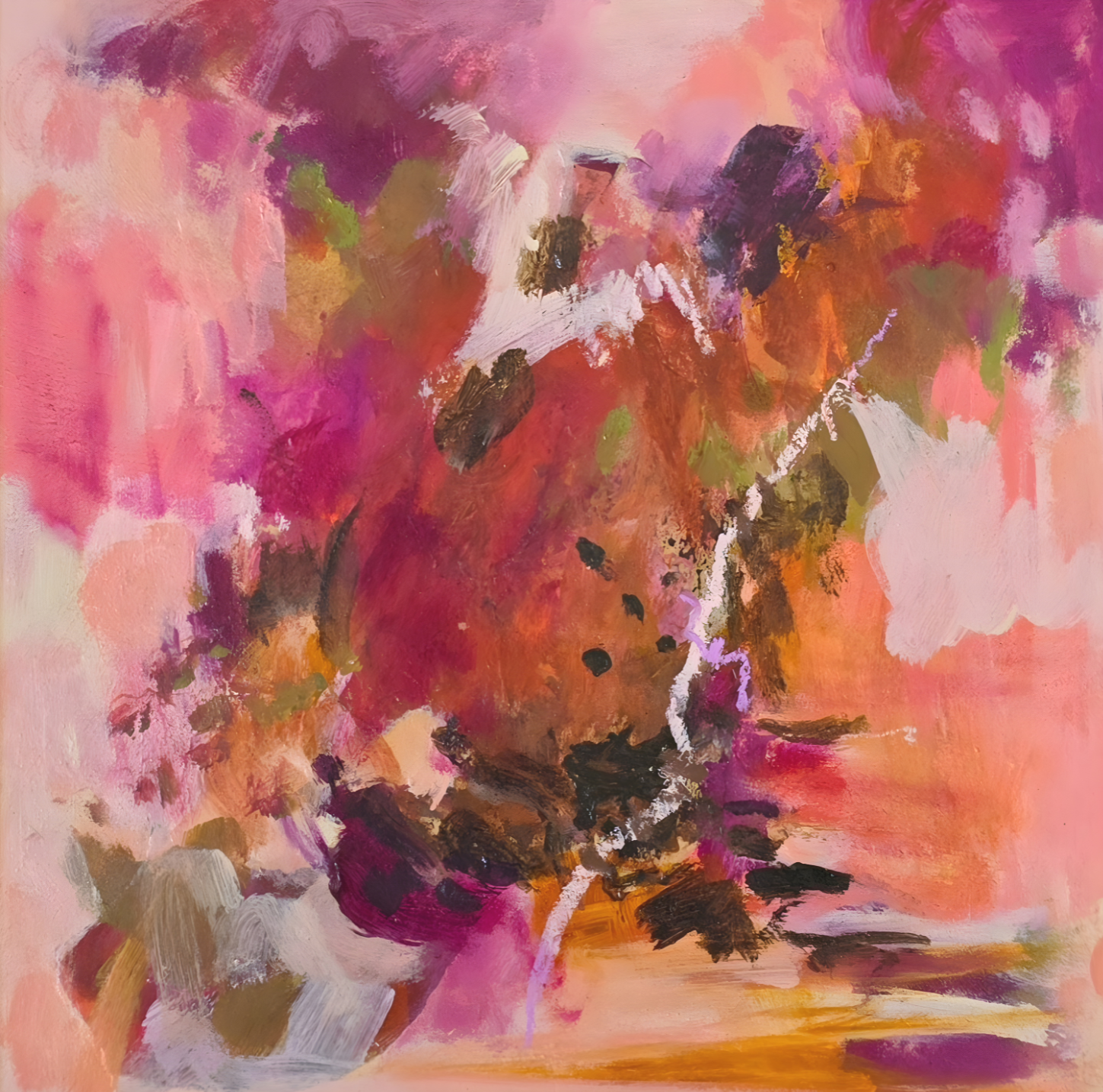 Abstract painting with vibrant shades of pink, purple, orange, white, black, and hints of green, resembling a floral or natural scene with bold brushstrokes.
