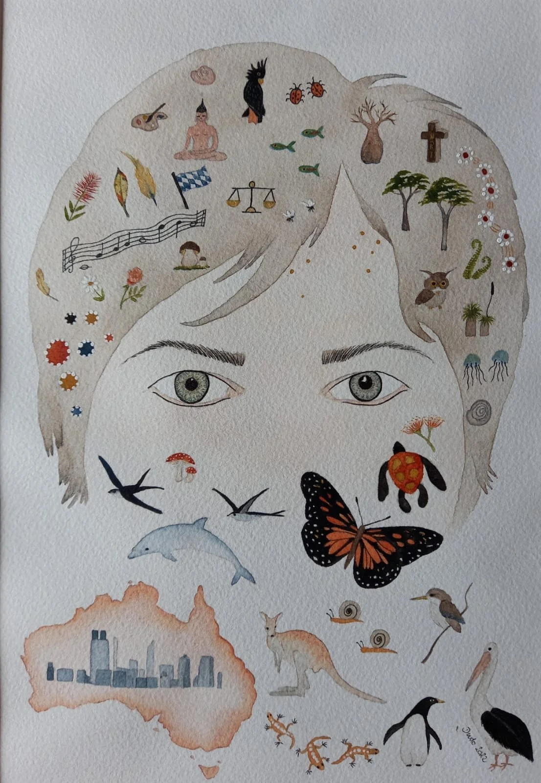 Watercolor illustration of a person's face with various objects, animals, and symbols in the hair, including a bird, fish, owl, butterfly, city skyline, and nature elements.