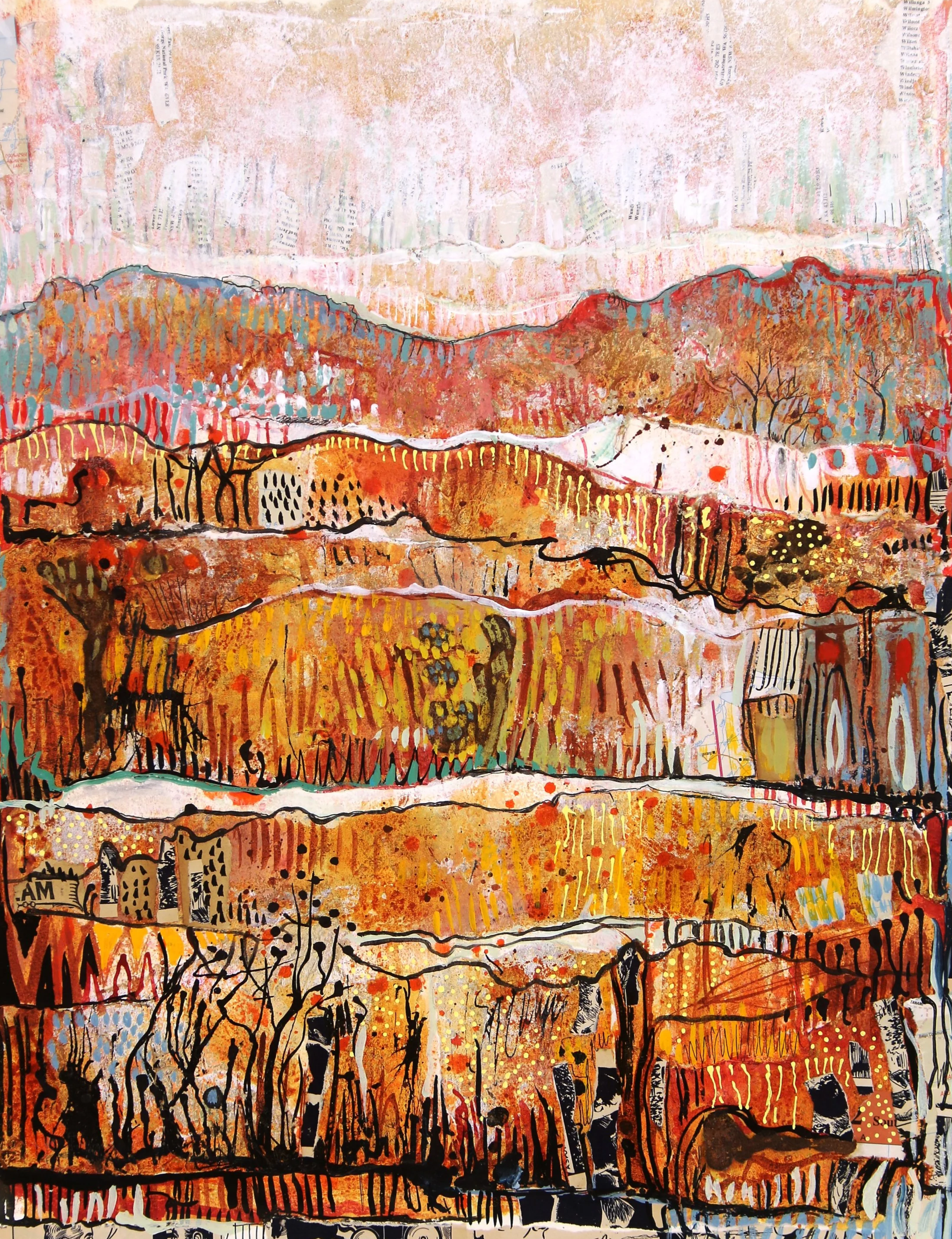 Abstract painting with multiple layers of warm colors including reds, oranges, and browns, with black, white, and light blue accents, featuring various lines, patterns, and textures resembling mountains, trees, and landscapes.