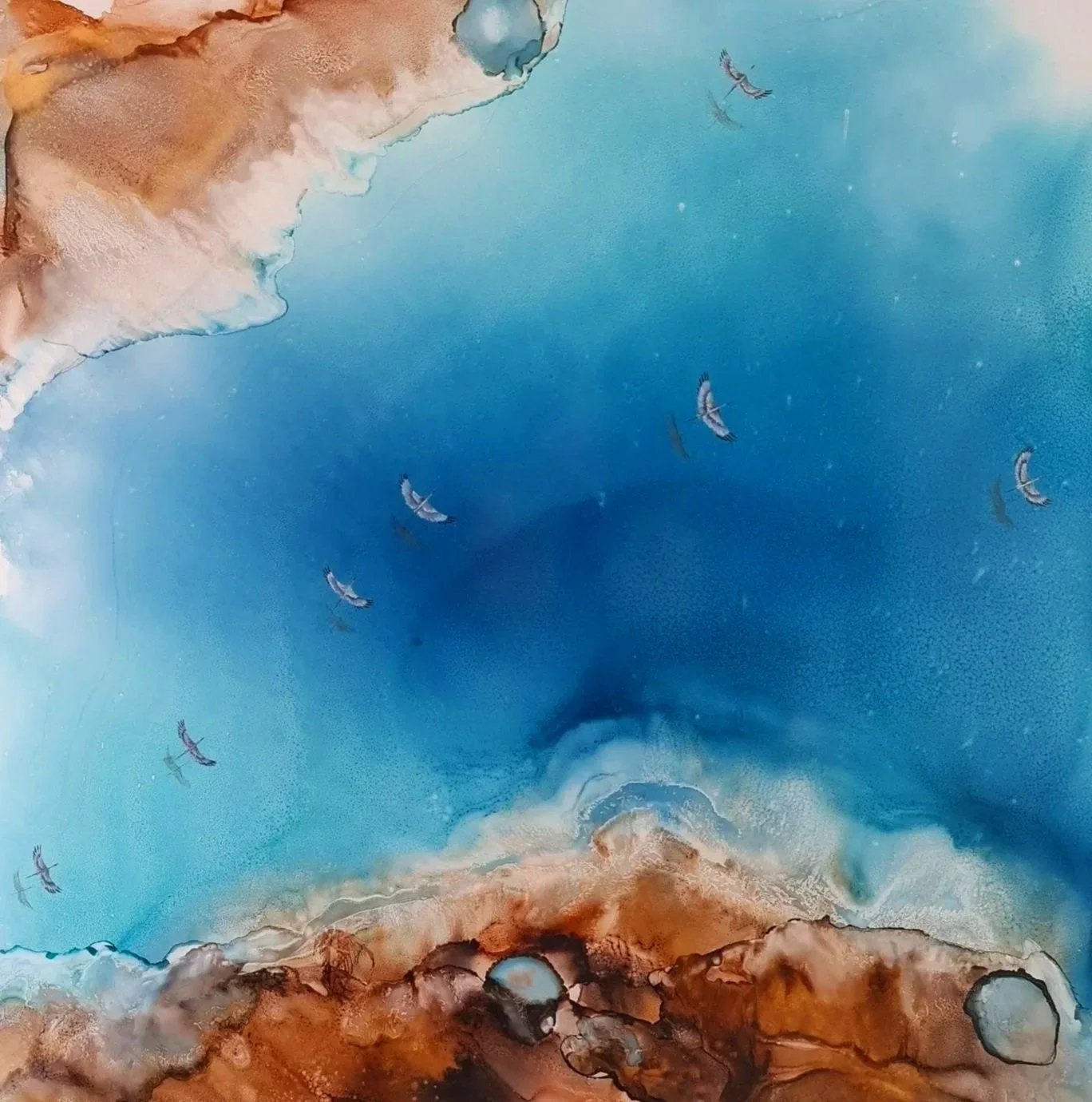 Abstract art featuring a body of water with birds flying above, surrounded by land formations with earthy tones.