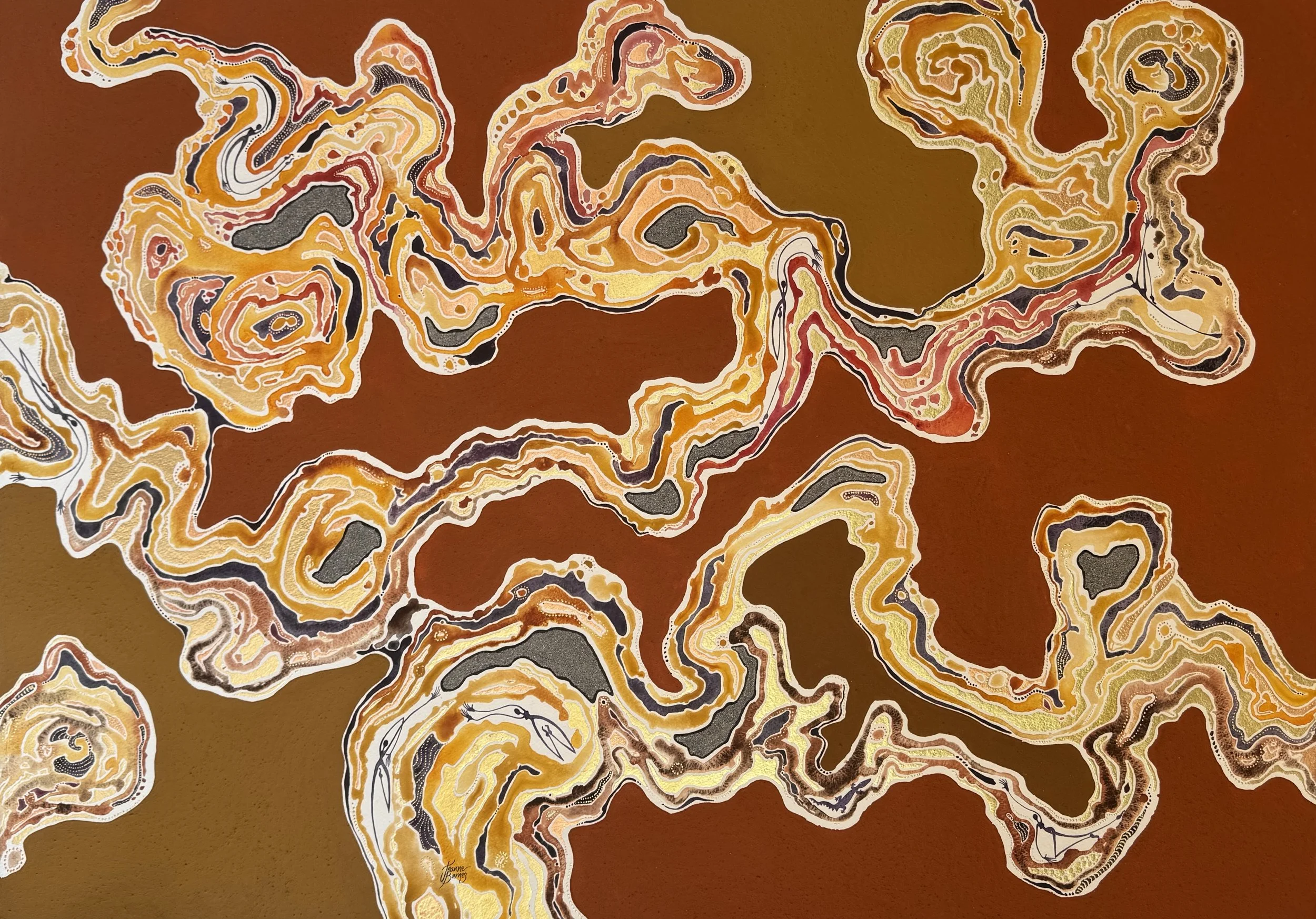 Abstract painting with swirling patterns in shades of orange, yellow, black, white, and brown.
