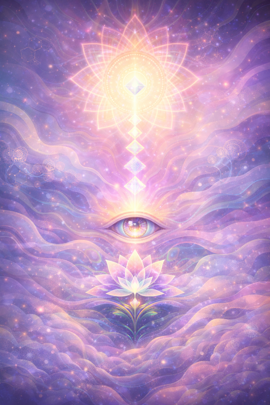 A mystical, glowing digital artwork featuring cosmic and spiritual symbols, including a lotus flower, an eye, geometric shapes, and radiating light patterns in purple, pink, and yellow hues.