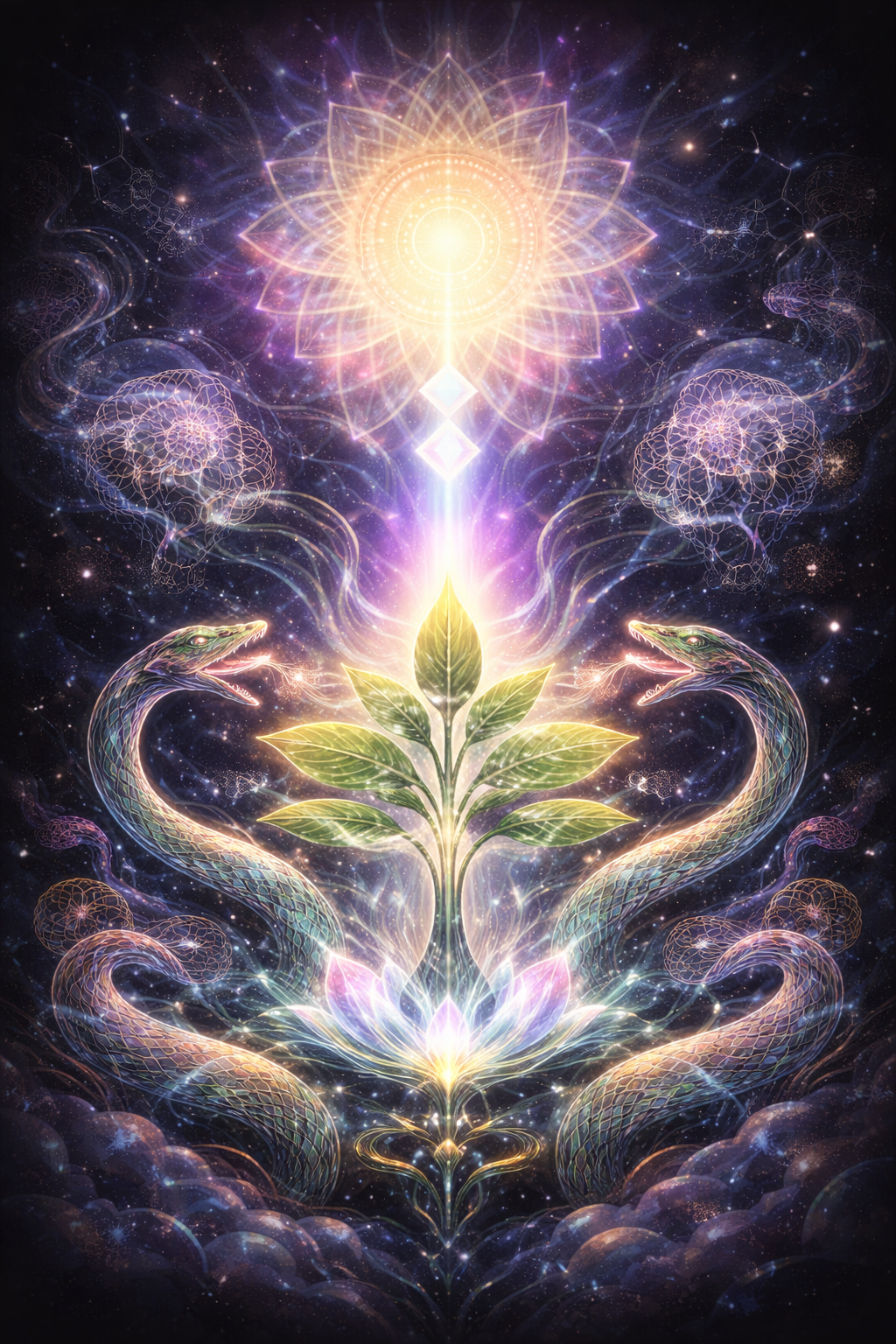 A cosmic scene featuring a glowing lotus flower with vibrant green leaves, surrounded by two serpents facing each other with open mouths. The scene is filled with colorful energy, geometric patterns, and abstract shapes, with a bright sun-like light at the top and cosmic elements in the background.